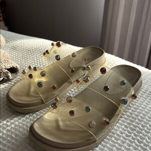 Vince Camuto Gold Slide Sandals with Multicolored Gem Accents